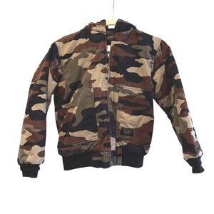Walls Blizzard Pruf Vintage Green Brown Camo Hooded Bomber Jacket Kids 12/14 YL